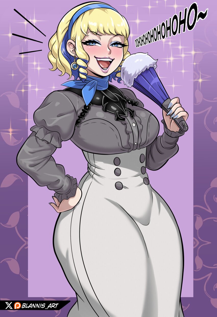 1girl artist_name blannis blonde_hair blue_eyes blue_eyeshadow blue_hair blue_hairband blue_nails blue_neckerchief blush breasts constance_von_nuvelle drill_hair drill_sidelocks earrings eyebrows eyelashes eyeshadow feet_out_of_frame female_focus fingernails fire_emblem fire_emblem:_three_houses grey_shirt grey_skirt hairband hand_on_own_hip hand_up high-waist_skirt jewelry large_breasts laughing lips lipstick long_fingernails long_skirt makeup multicolored_hair nail_polish neckerchief nintendo nose open_mouth purple_background purple_lips shirt short_hair sidelocks simple_background skirt smile smug solo teeth tongue two-tone_hair wide_hips