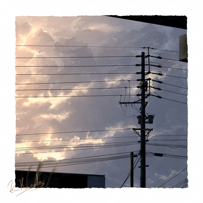 alu.m_(alpcmas) artist_name border cloud cloudy_sky commentary_request evening highres no_humans original outdoors power_lines scenery signature sky utility_pole white_border