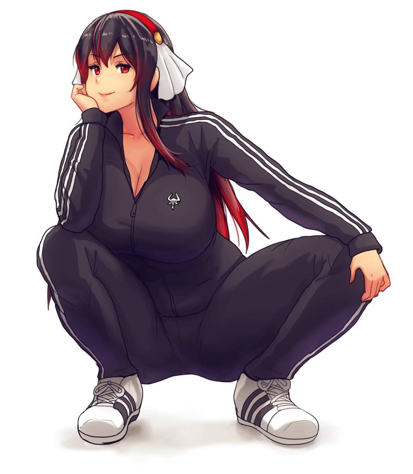 1girl black_hair black_jacket black_pants black_track_suit breasts breasts_on_lap cleavage erkaz hair_ribbon hand_on_own_chin highres jacket large_breasts long_hair multicolored_hair original pants red_eyes ribbon shoes sidelocks smile solo squatting thighs track_jacket white_background white_footwear zipper zipper_pull_tab