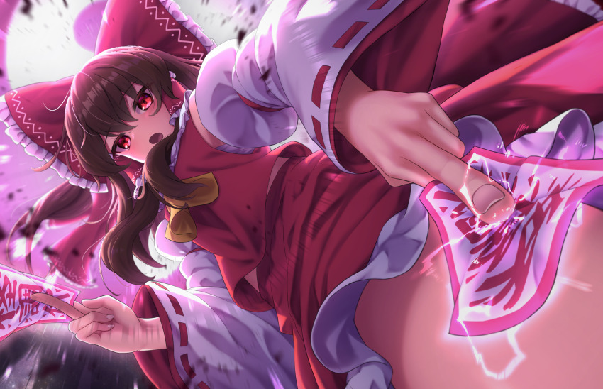 1girl ascot between_fingers blush brown_hair detached_sleeves frilled_hair_tubes frills from_below hair_tubes hakurei_reimu highres holding japanese_clothes miko ofuda ofuda_between_fingers open_mouth red_eyes red_shirt red_skirt shirt sidelocks skirt solo touhou yellow_ascot yosshy