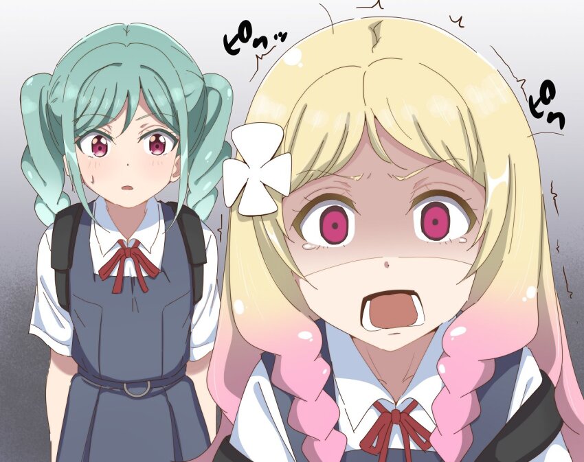 2girls bag blonde_hair braid drill_hair flower green_hair hair_flower hair_ornament love_live! love_live!_superstar!! multiple_girls onitsuka_natsumi onitsuka_tomari open_mouth red_eyes school_bag school_uniform siblings sisters surprised sweatdrop tearing_up tottsan trembling twin_drills wide-eyed