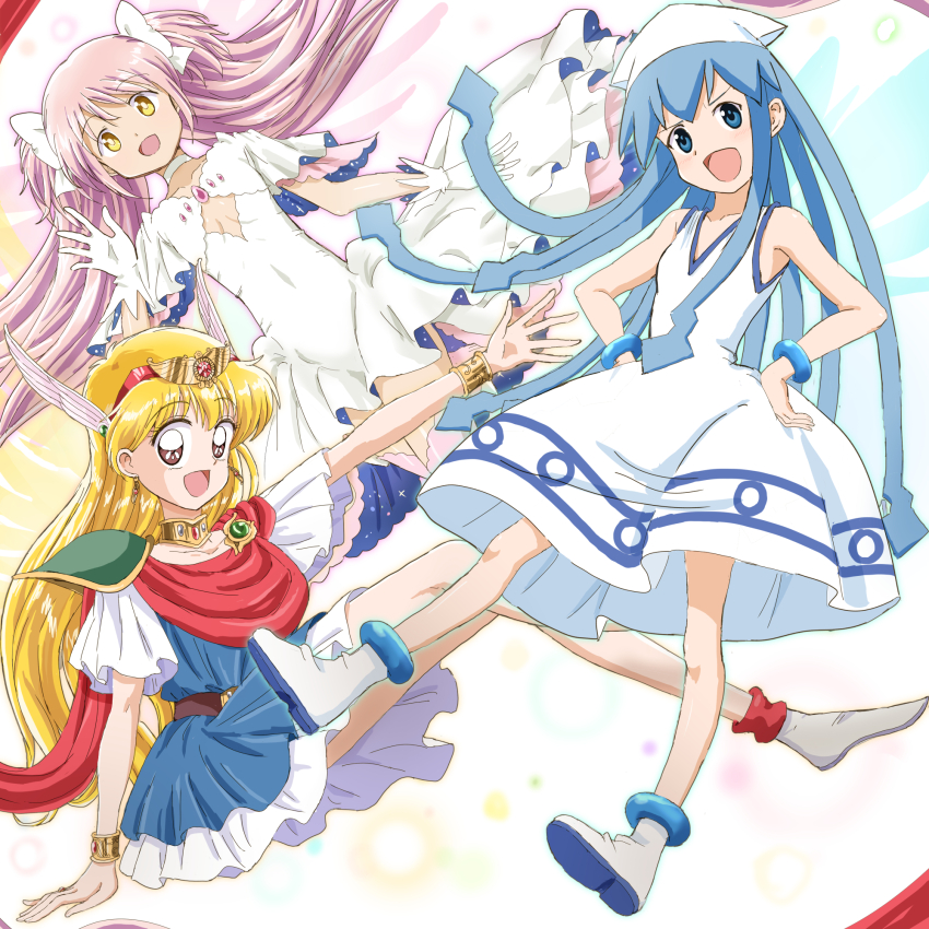 3girls akazukin_chacha blonde_hair blue_eyes blue_hair breasts cleavage crossover dress highres ikamusume kaname_madoka kinfuji magical_princess mahou_shoujo_madoka_magica multiple_girls open_mouth pink_hair shinryaku!_ikamusume squid_girl two_side_up ultimate_madoka white_dress yellow_eyes