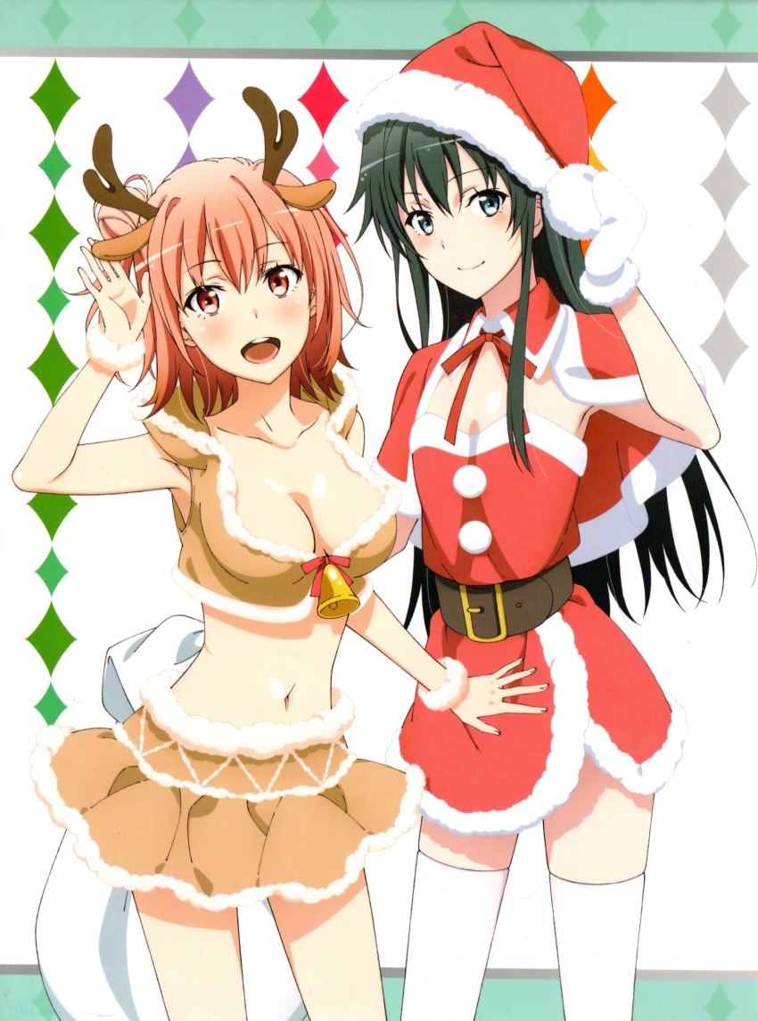 10s 2girls :d absurdres alternate_costume animal_costume animal_ears antlers bell belt black_eyes black_hair blush breasts capelet christmas cleavage crop_top deer_ears fujii_yui fur_trim gloves hat highres hood hoodie horns long_hair looking_at_viewer medium_breasts multiple_girls navel official_art open_mouth pink_hair red_eyes reindeer_antlers reindeer_costume ribbon sack santa_costume santa_hat short_hair sleeveless sleeveless_hoodie small_breasts smile thighhighs yahari_ore_no_seishun_lovecome_wa_machigatteiru. yuigahama_yui yukinoshita_yukino