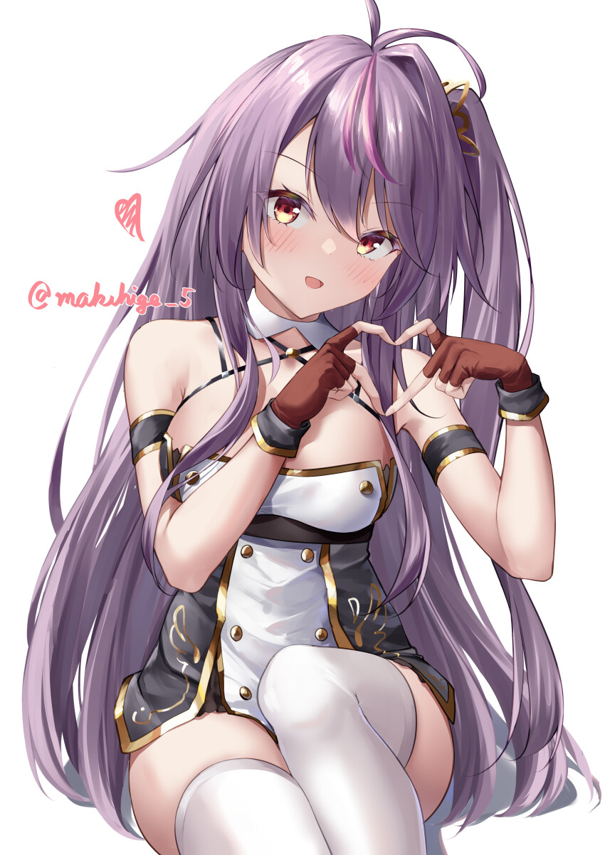 1girl absurdres ahoge azur_lane bare_shoulders blush breasts dress fingerless_gloves gloves grenville_(azur_lane) hair_between_eyes hair_ornament heart heart_hands highres long_hair looking_at_viewer makihige medium_breasts microdress multicolored_hair open_mouth orange_eyes purple_hair side_ponytail simple_background sitting smile solo streaked_hair thighhighs thighs white_background white_thighhighs