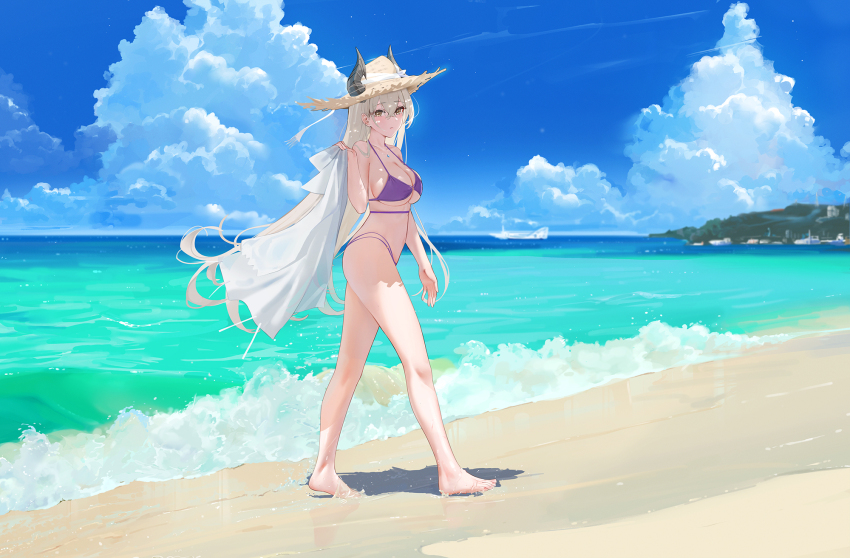 1girl bare_arms bare_legs bare_shoulders barefoot beach bikini breasts brown_eyes cleavage closed_mouth day demon_horns full_body halterneck hand_up hat highres holding horns horns_through_headwear jacket large_breasts long_hair looking_at_viewer multi-strapped_bikini_bottom original outdoors purple_bikini qing_wu solo straw_hat string_bikini swimsuit thighs unworn_jacket very_long_hair walking water white_hair wide_shot