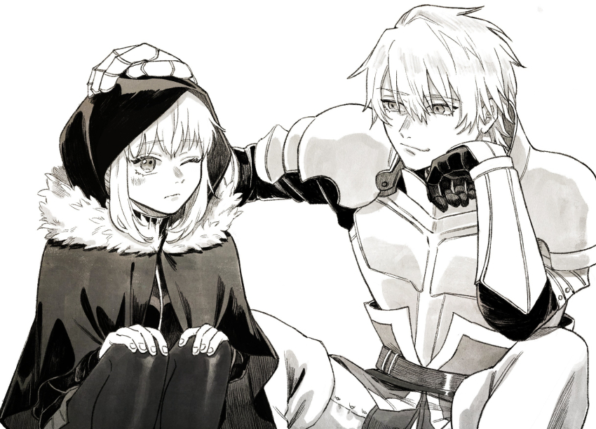 1boy 1girl armor breastplate cheeeeese0619 cloak closed_mouth fate_(series) fur-trimmed_cloak fur_trim gauntlets gray_(fate) greyscale hand_on_another&#039;s_head highres hood hooded_cloak kay_(fate) light_smile looking_at_another lord_el-melloi_ii_case_files monochrome one_eye_closed pantyhose short_hair sidelocks skirt