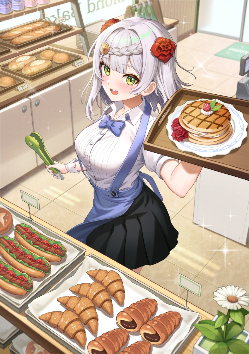 1girl :d absurdres alternate_costume bakery black_skirt blush braid bread breasts cake croissant flower food full_body genshin_impact green_eyes grey_hair hair_flower hair_ornament highres holding holding_tray hot_dog kneepits lighter-than-air_pancake_(genshin_impact) looking_at_viewer medium_breasts no-ba noelle_(genshin_impact) open_mouth pancake pancake_stack pantyhose rose shirt shop short_hair short_sleeves skirt smile solo teeth tray upper_teeth_only variant_set white_flower white_shirt