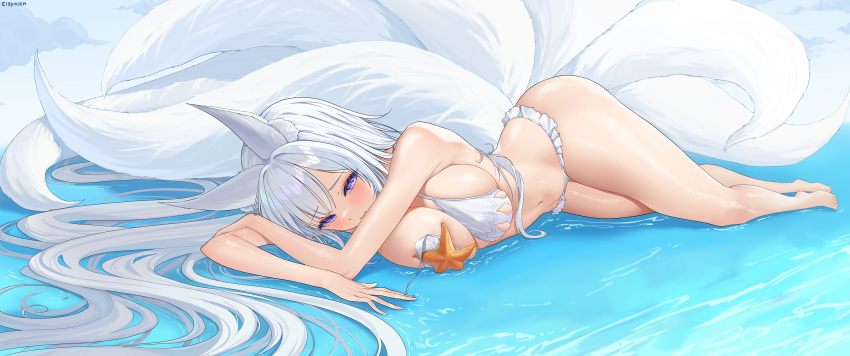 1girl absurdres animal_ears azur_lane bikini blush breasts curvy elsynien fox_ears fox_girl fox_tail frilled_bikini frills full_body highres kitsune kyuubi large_breasts long_hair looking_at_viewer lying multiple_tails navel ocean official_alternate_costume on_side purple_eyes shinano_(azur_lane) shinano_(dreamy_white_sands)_(azur_lane) shiny_skin sidelocks skindentation solo starfish swimsuit tail thick_thighs thighs very_long_hair white_hair wide_hips