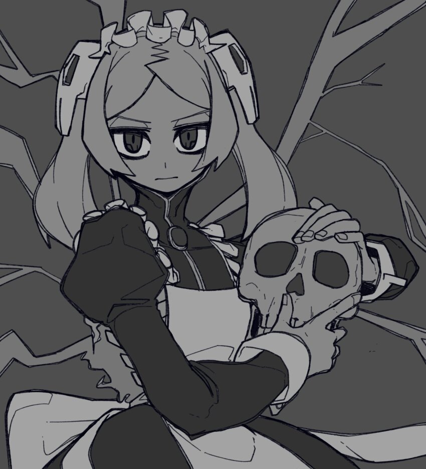 1girl apron bloody_marie_(skullgirls) bone_nigi brooch dress frilled_apron frills frown grey_background greyscale hair_ornament holding holding_skull jewelry juliet_sleeves long_sleeves looking_at_viewer maid_headdress monochrome puffy_sleeves skull skull_hair_ornament skullgirls solo twintails upper_body