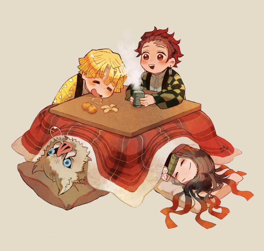 1girl 3boys :d black_hair blonde_hair boar_mask cup earrings closed_eyes food fruit gradient_hair hair_slicked_back hana_(h6n6_matsu) highres holding holding_cup jewelry kamado_tanjirou kimetsu_no_yaiba kotatsu mandarin_orange multicolored_hair multiple_boys nose_bubble open_mouth orange_peel pillow saliva sleeping smile table tea under_kotatsu under_table yunomi