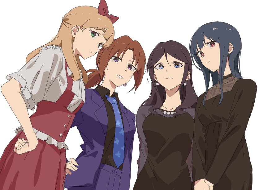 4girls black_dress black_hair black_shirt blue_eyes blue_hair blue_necktie bow brown_hair collared_shirt dress dress_shirt earrings formal_clothes frilled_shirt frills green_eyes hair_bow half_updo hand_on_own_hip hibike!_euphonium highres jacket jewelry kasaki_nozomi light_brown_hair light_smile long_hair matarasu_(aaaaaaaaj) multiple_girls nakagawa_natsuki necklace necktie official_alternate_costume official_alternate_hairstyle open_clothes open_jacket own_hands_together pant_suit pants ponytail purple_eyes purple_suit red_bow red_dress red_eyes shirt simple_background suit thick_eyebrows white_background white_shirt yoroizuka_mizore yoshikawa_yuuko