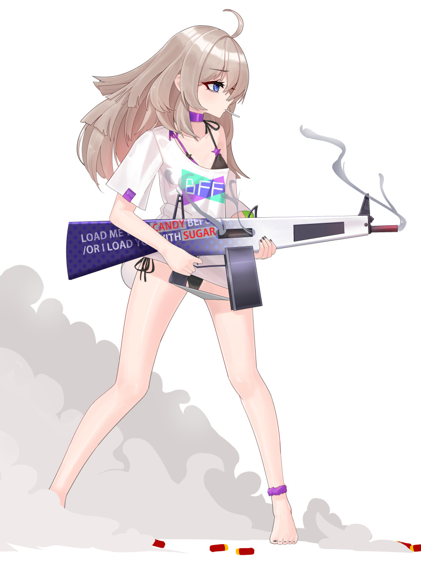 1girl aa-12 aa-12_(girls&#039;_frontline) aa-12_(smokeless_lollipop)_(girls&#039;_frontline) absurdres ahoge automatic_shotgun bags_under_eyes bare_shoulders barefoot bikini black_bikini black_nails blue_eyes brown_hair combat_shotgun drum_magazine girls&#039;_frontline gun high-capacity_magazine highres holding holding_gun holding_weapon long_hair magazine_(weapon) nabiyan nail_polish shell_casing shotgun shotgun_shell smoke solo swimsuit toenail_polish toenails weapon