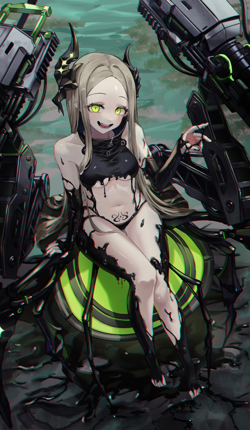 1girl absurdres belly black_horns black_liquid black_nails breasts disgustingtokki fangs forehead full_body goddess_of_victory:_nikke green_eyes grey_hair highres horns leviathan_(nikke) liquid_clothes long_hair looking_at_viewer nail_polish navel open_mouth piercing pointy_ears pubic_tattoo sitting small_breasts solo tattoo thighs tongue_piercing