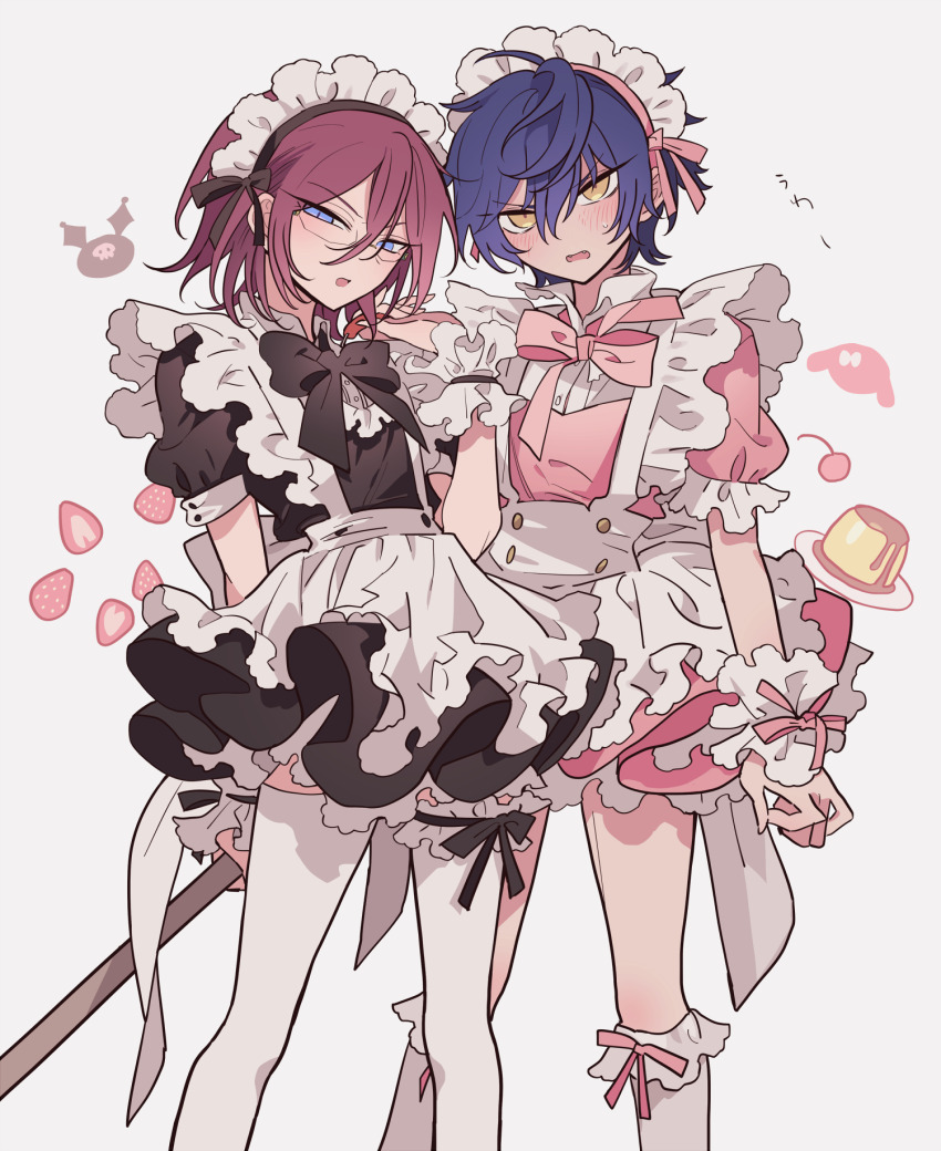 2boys apron arms_behind_back bad_id bad_pixiv_id black_dress black_ribbon blue_eyes blue_hair cherry crossdressing dress embarrassed ensemble_stars! feet_out_of_frame food frilled_apron frilled_sleeves frilled_thighhighs frills fruit glasses hair_between_eyes highres holding kuromi looking_at_viewer maid maid_headdress male_focus male_maid meremero multiple_boys my_melody onegai_my_melody open_mouth pink_dress pink_ribbon pudding puffy_short_sleeves puffy_sleeves ribbon saegusa_ibara sanrio sazanami_jun short_hair short_sleeves smile standing strawberry sweatdrop thighhighs waist_apron white_apron white_thighhighs wrist_cuffs yellow_eyes