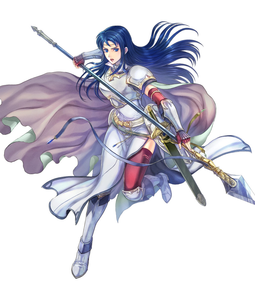 1girl armor blue_eyes blue_hair breastplate cape elbow_gloves fire_emblem fire_emblem:_the_blazing_blade fire_emblem_heroes gloves highres isadora_(fire_emblem) long_hair nintendo non-web_source official_art pelvic_curtain shoulder_armor solo sword takaya_tomohide vambraces weapon white_cape