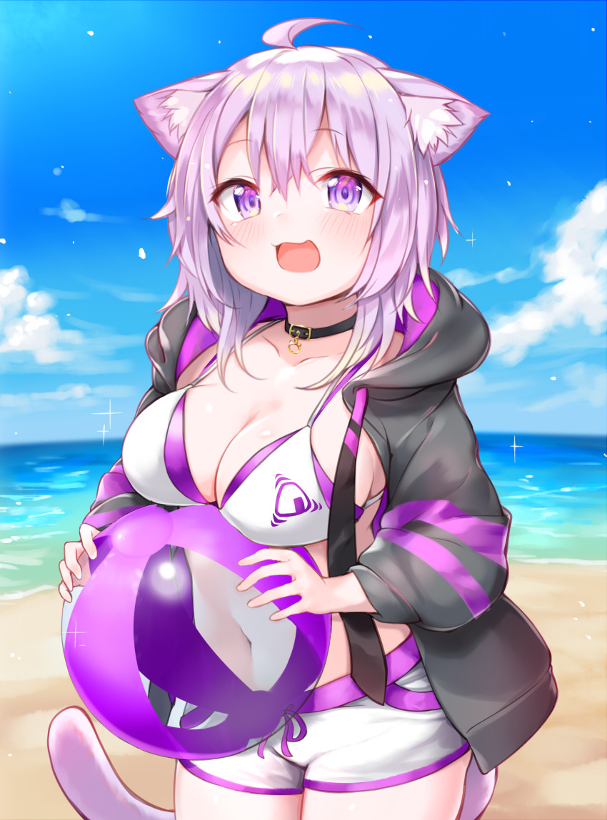 1girl :d absurdres ahoge animal_ear_fluff animal_ears ball beachball bikini bikini_under_clothes black_collar black_jacket blue_sky blush breasts cat_ears cat_girl cat_tail cleavage cloud collar collarbone day food_print hair_between_eyes highres holding holding_ball hololive hood hood_down hooded_jacket horizon jacket long_sleeves medium_breasts navel nekomata_okayu nekomata_okayu_(1st_costume) onigiri_print open_clothes open_jacket open_mouth outdoors puffy_long_sleeves puffy_sleeves purple_eyes purple_hair sky smile solo sukemyon swimsuit tail transparent virtual_youtuber water white_bikini