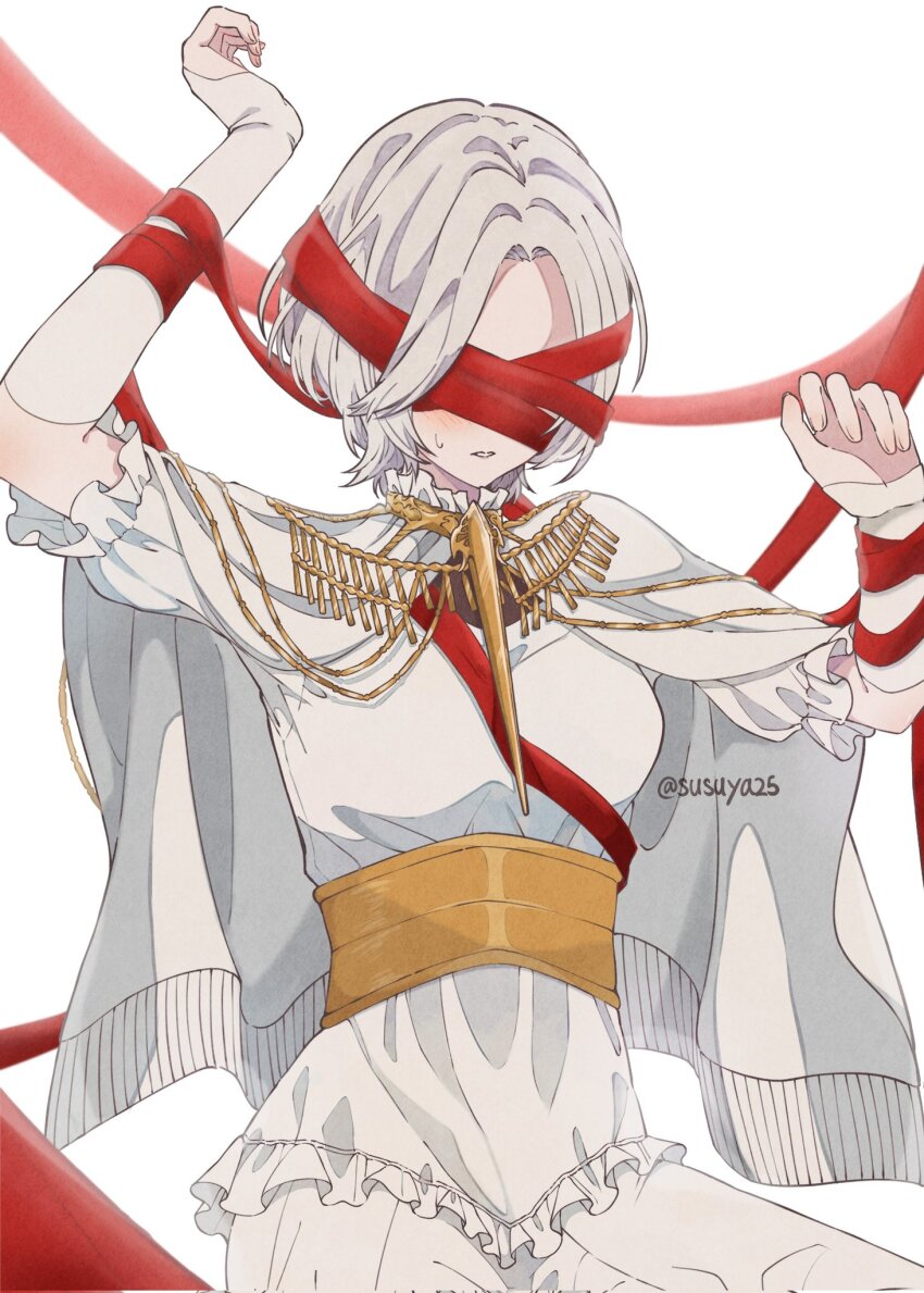 1girl artist_name blush breasts dark_souls_(series) dark_souls_i dark_sun_gwyndolin detached_sleeves dress genderswap genderswap_(mtf) grey_dress grey_hair hands_up highres medium_breasts no_headwear red_ribbon ribbon short_hair short_sleeves solo susukeya sweatdrop teeth