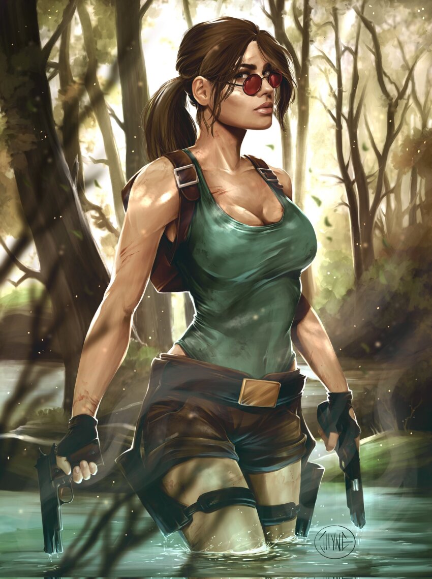 1girl aqua_leotard backpack bag black_gloves breasts brown_bag brown_eyes brown_hair brown_shorts cleavage dual_wielding fingerless_gloves glasses gloves gun handgun highres holding holding_gun holding_weapon holster illyne_cosplay lara_croft large_breasts leotard long_hair outdoors ponytail procreate_(medium) red-tinted_eyewear short_shorts shorts signature solo thigh_holster tinted_eyewear tomb_raider tree water weapon weapon_request