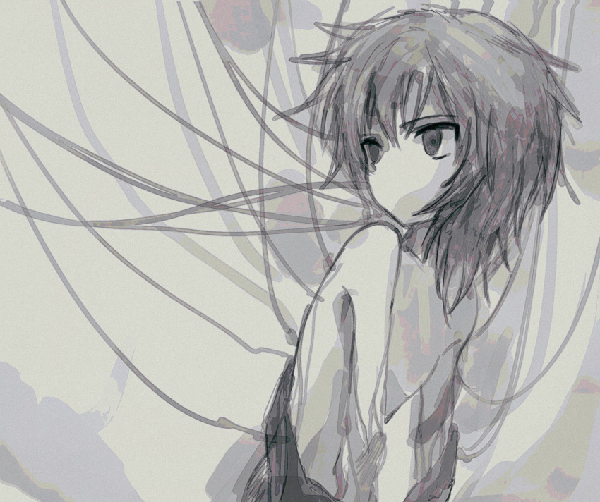 1other androgynous atoymk cable commentary empty_eyes film_grain greyscale highres korean_commentary kurohebi len&#039;en medium_hair monochrome no_headband no_mouth no_nipples other_focus sketch solo upper_body