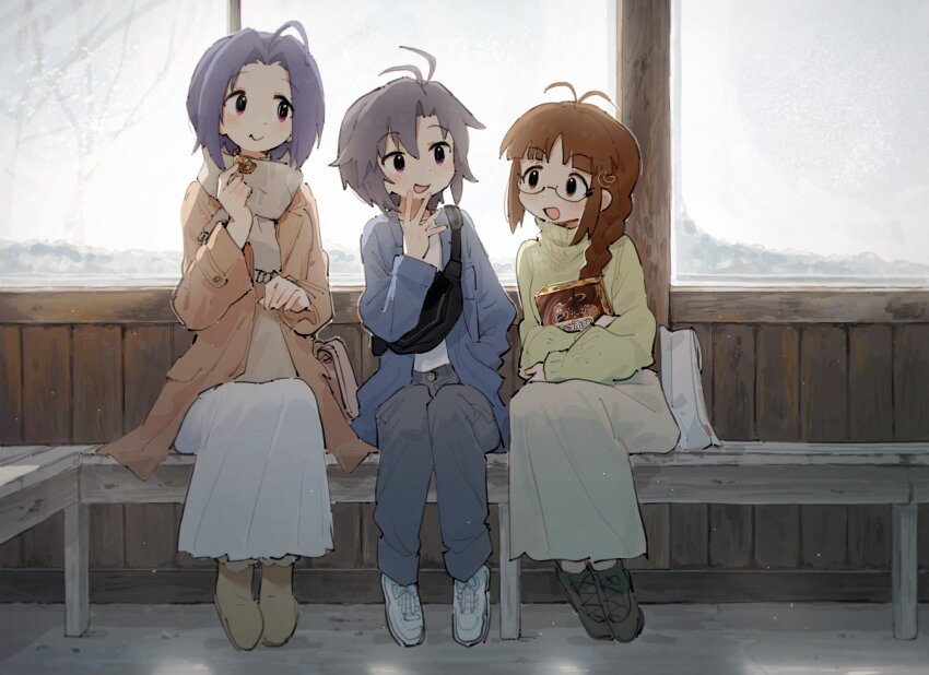 3girls :d ahoge akizuki_ritsuko antenna_hair bag black-framed_eyewear black_bag black_footwear black_hair blue_hair blue_jacket blue_pants boots box braid brown_eyes brown_footwear brown_hair brown_jacket brown_shirt closed_mouth dot_nose eating food full_body glasses hand_in_pocket hand_to_own_mouth hand_up highres holding holding_box holding_food idolmaster idolmaster_(classic) jacket kikuchi_makoto long_hair long_skirt long_sleeves looking_at_another medium_hair miura_azusa multiple_girls nendo23 on_bench open_clothes open_jacket open_mouth pants parted_bangs pink_eyes purple_eyes scarf semi-rimless_eyewear shirt shoes shoulder_bag single_braid sitting skirt smile sneakers sweater turtleneck turtleneck_sweater under-rim_eyewear white_footwear white_scarf white_shirt white_skirt yellow_sweater