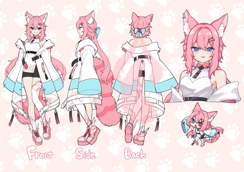 alicia_cotton animal_ears blue_bow blue_bowtie blue_eyes bow bowtie cat_ears cat_girl character_sheet coat hardcoa_v highres indie_virtual_youtuber looking_at_viewer pink_hair shoes short_hair smile tail thighhighs white_coat winged_footwear