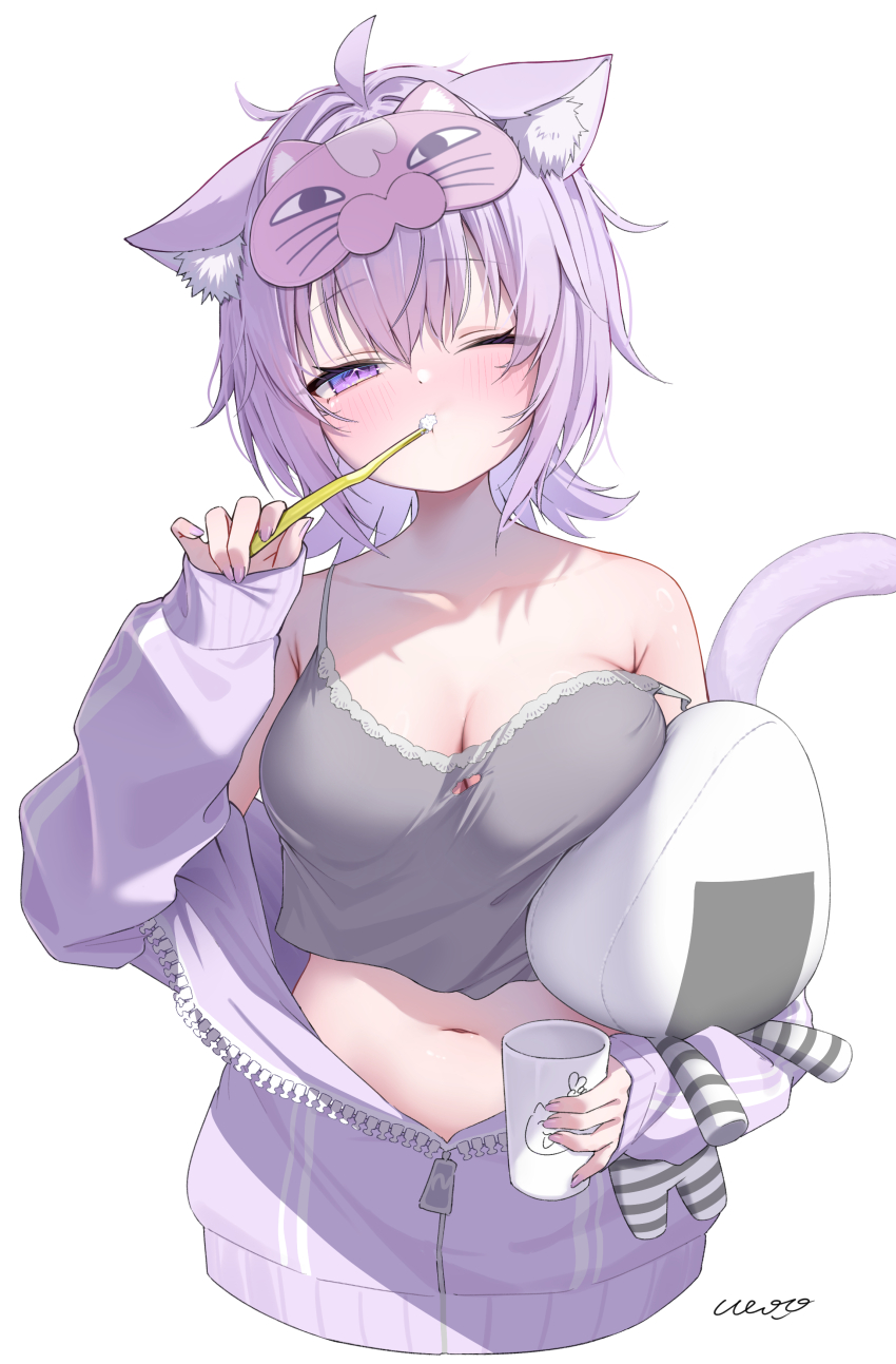 1girl absurdres ahoge ai_(u_e_o_o) animal_ear_fluff animal_ears artist_name bare_shoulders blush breasts camisole cat_ears cat_girl character_doll cleavage commentary_request cup grey_camisole hair_intakes highres holding holding_cup holding_toothbrush hololive jacket large_breasts long_sleeves looking_at_viewer mask mask_on_head navel nekomata_okayu nekomata_okayu_(membership) official_alternate_costume one_eye_closed onigirya_(nekomata_okayu) partially_unzipped purple_eyes purple_hair purple_jacket short_hair simple_background sleep_mask sleeves_past_wrists solo stomach strap_slip toothbrush toothbrush_in_mouth virtual_youtuber white_background