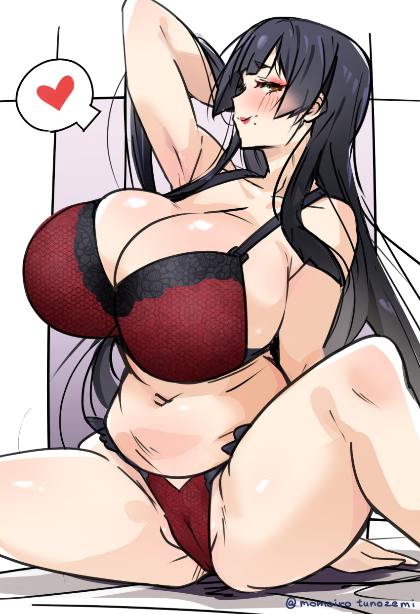 1girl arm_support arm_up armpits black_hair blush bra breasts brown_eyes cameltoe cleavage commentary_request heart highres huge_breasts lips long_hair looking_at_viewer momoiro_tunozemi navel original panties partially_visible_vulva plump red_bra red_panties seductive_smile sidelocks sitting smile solo spoken_heart spread_legs underwear