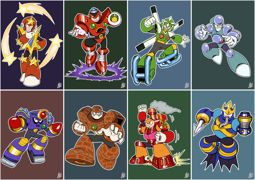 arm_cannon capcom charge_man crystal_man flippers full_body gem gloves gravity_man gyro_man harpoon highres looking_at_viewer mega_man_(classic) mega_man_(series) mega_man_5 napalm_man no_humans non-humanoid_robot robot robot_ears star_(symbol) star_man_(mega_man) stone stone_man wave_man weapon