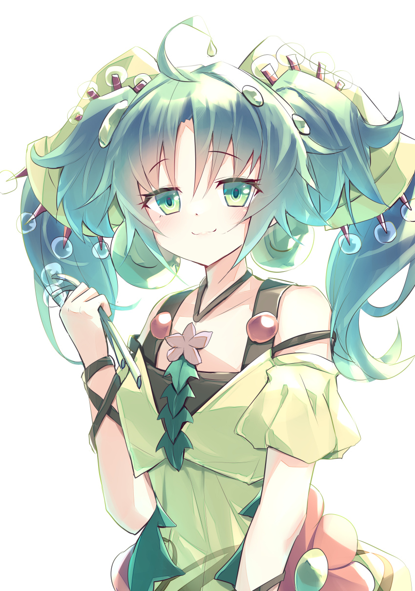 1girl absurdres ahoge bone dress duel_monster green_eyes green_hair highres holding holding_bone kanzakietc looking_at_viewer smile solo traptrix_sera twintails upper_body white_background yellow_dress yu-gi-oh!