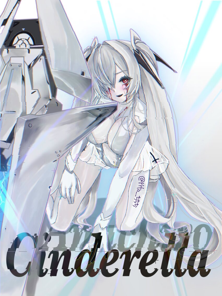 1girl :d all_fours blood blood_on_face bloody_tears blush bodysuit breasts character_name cinderella_(nikke) cleavage_cutout clothing_cutout goddess_of_victory:_nikke highres large_breasts leg_cutout long_hair navel navel_cutout open_mouth red_eyes rito_555 see-through_clothes see-through_skirt shield skirt smile solo twintails twitter_username very_long_hair white_bodysuit white_hair