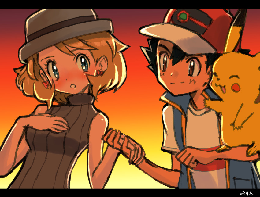 1boy 1girl absurdres ash_ketchum bare_shoulders baseball_cap black_hair black_sweater blue_eyes blue_vest brown_eyes brown_hair creatures_(company) dakusuta game_freak gen_1_pokemon grey_hat hat highres holding_hands interlocked_fingers nintendo pikachu pokemon pokemon_(anime) pokemon_(creature) pokemon_journeys red_hat serena_(pokemon) shirt simple_background sleeveless sleeveless_sweater sweater upper_body vest white_shirt