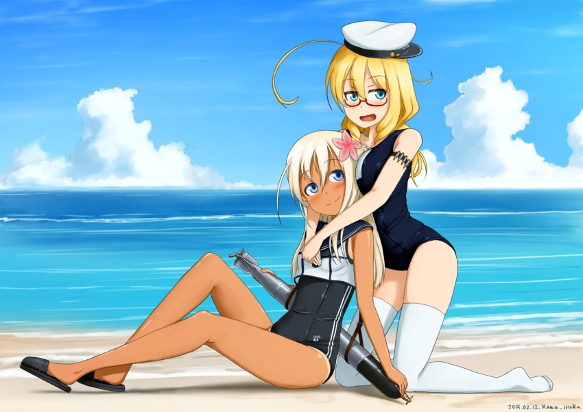 10s 2girls ahoge artist_name bare_legs bare_shoulders beach between_breasts blonde_hair blue_eyes blue_sky breasts cloud crop_top dated day flower glasses hair_flower hair_ornament hat head_between_breasts hug hug_from_behind i-8_(kancolle) kama_iruka kantai_collection kneeling long_hair looking_at_viewer low_twintails multiple_girls neckerchief open_mouth outdoors red-framed_eyewear ro-500_(kancolle) sailor_collar sailor_hat school_swimsuit sitting sky slippers smile swimsuit swimsuit_under_clothes tan tanline thighhighs torpedo twintails white_legwear