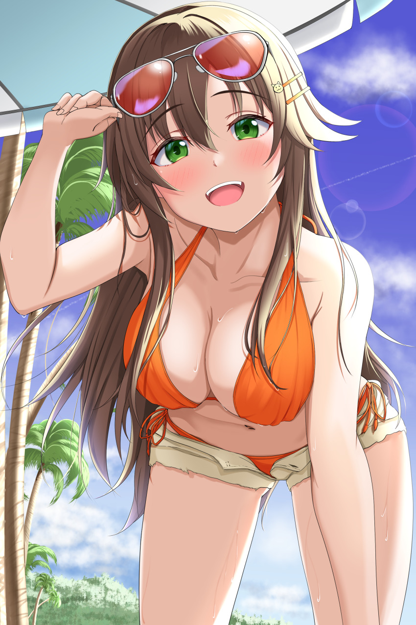 1girl absurdres beach_umbrella bikini blue_sky breasts brown_hair cleavage cloud commentary_request day eyewear_on_head feet_out_of_frame green_eyes hachi7515 hand_on_own_thigh highres himekawa_yuki idolmaster idolmaster_cinderella_girls large_breasts long_hair open_mouth orange-tinted_eyewear orange_bikini outdoors palm_tree short_shorts shorts sky solo sunglasses swimsuit teeth tinted_eyewear tree umbrella upper_teeth_only white_shorts