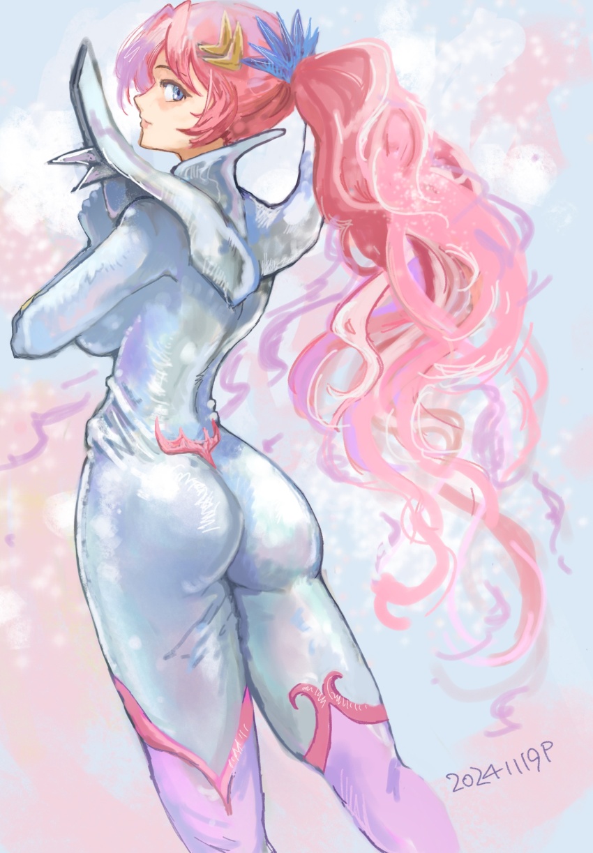 1girl ass blue_eyes bodysuit closed_mouth commentary dated gundam gundam_seed highres lacus_clyne long_hair looking_back okrdisk2000 pink_hair pink_lips ponytail solo very_long_hair white_bodysuit