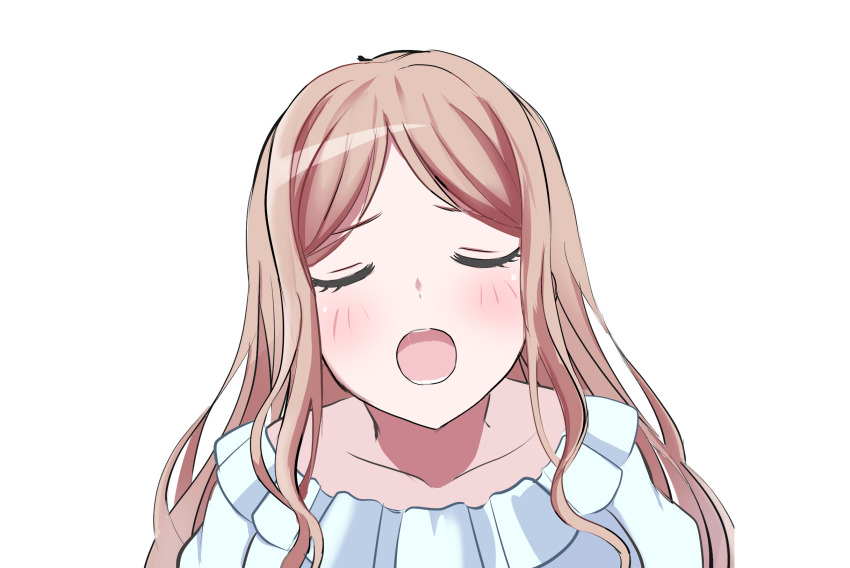 1girl bang_dream! bang_dream!_it&#039;s_mygo!!!!! blush brown_hair closed_eyes collarbone commentary_request highres long_hair nagasaki_soyo open_mouth sandman_(gm4zfijcwbz3g4y) sidelocks simple_background solo teeth white_background