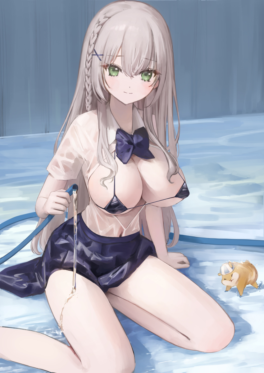 1girl anouetto arm_support bikini bikini_top_only black_bikini black_skirt blue_bow blush bow braid breasts cleavage closed_mouth covered_erect_nipples covered_navel empty_pool french_braid green_eyes grey_hair hair_ornament highres holding holding_hose hololive hose large_breasts long_hair looking_at_viewer micro_bikini pleated_skirt pool school_uniform see-through_clothes shirogane_noel shirogane_noel_(school_uniform) shirt sitting skirt smile solo swimsuit virtual_youtuber water wet wet_clothes wet_shirt white_shirt x_hair_ornament yokozuwari