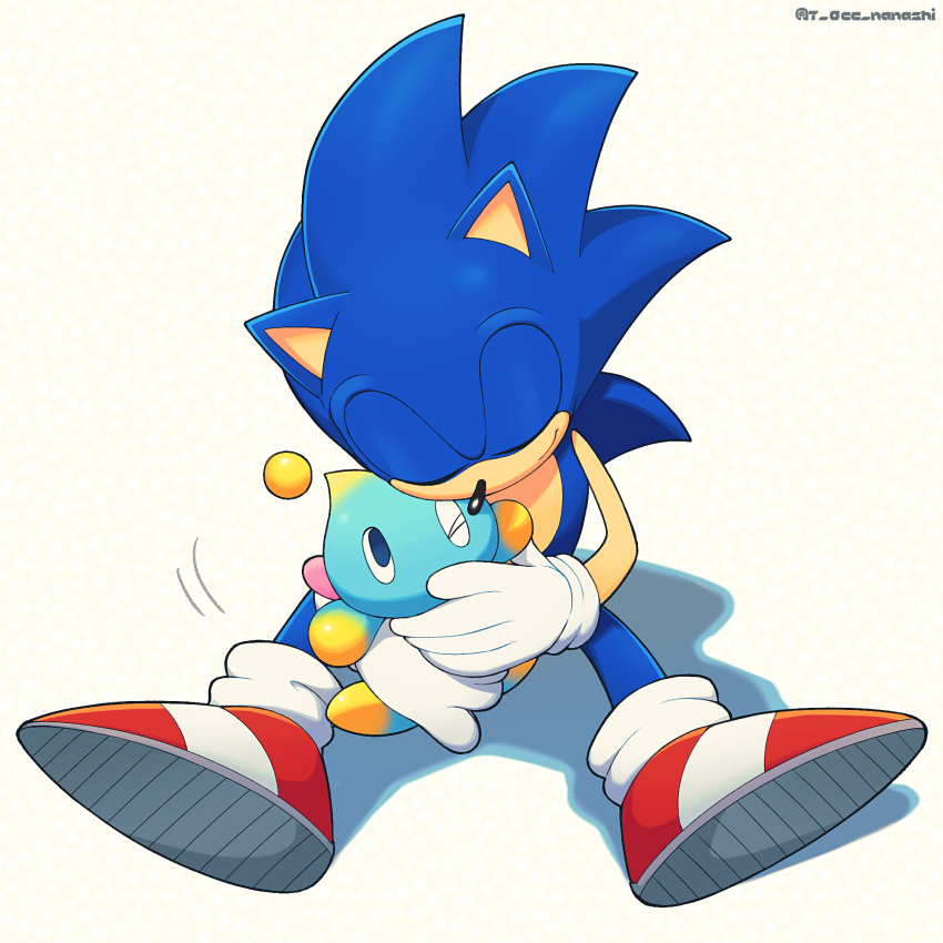 1boy animal_ears animal_nose chao_(sonic) closed_mouth commentary_request creature full_body furry furry_male gloves highres holding holding_creature male_focus neutral_chao one_eye_closed patterned_background red_footwear shadow shoe_soles shoes show_chiku-by simple_background sitting smile sonic_(series) sonic_the_hedgehog white_gloves