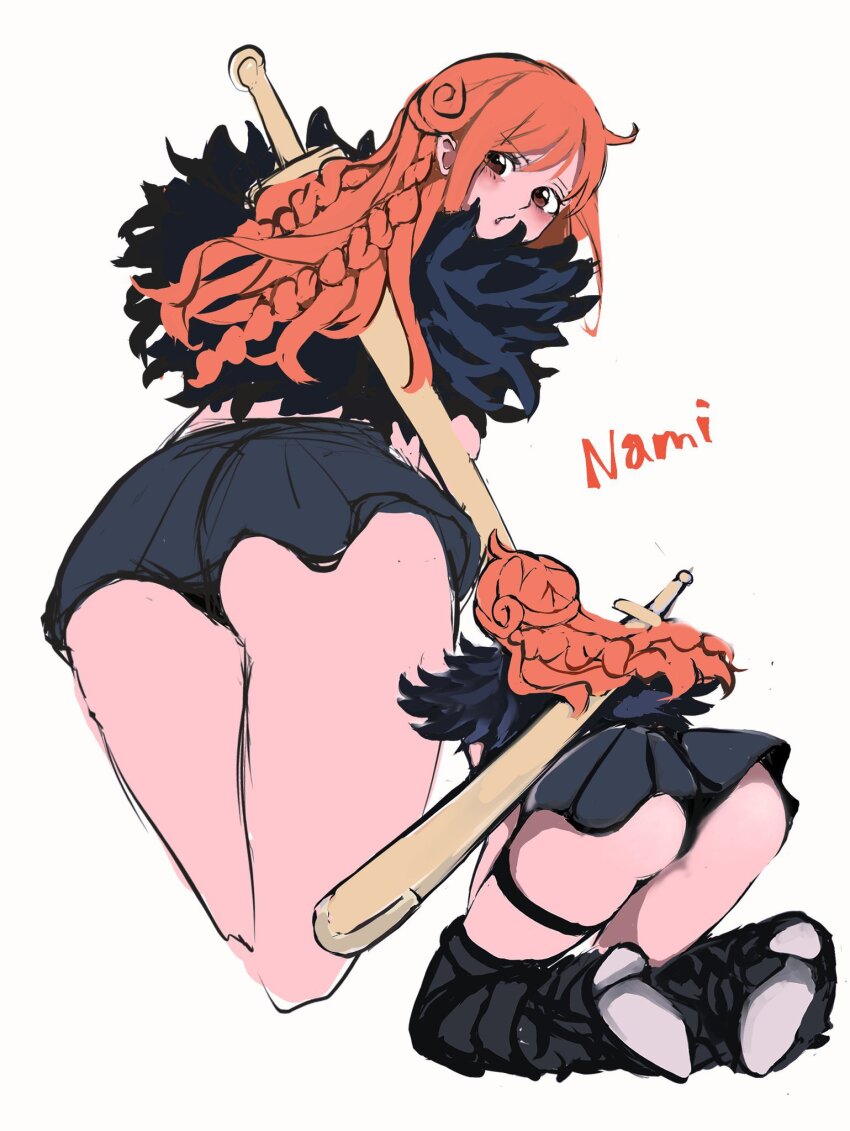 1girl ass blush braid brown_eyes capelet cropped_legs female_focus flat_color from_behind from_below fur_capelet highres kasumi_6 kneeling leg_warmers long_hair looking_at_viewer looking_back multiple_views nami_(one_piece) nami_(one_piece)_(elbaf) official_alternate_costume one_piece orange_hair skirt solo sword sword_behind_back thigh_strap weapon