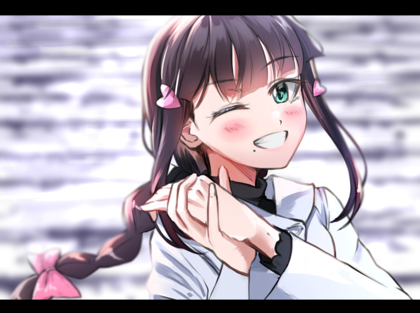 10s 1girl alternate_hairstyle blurry blurry_background blush bow braid brown_hair commentary_request depth_of_field female_focus fingernails green_eyes grin hair_bow hands_clasped_in_delight hands_up head_tilt highres jacket kurosawa_dia letterboxed long_hair long_sleeves love_live! love_live!_school_idol_festival love_live!_sunshine!! mole mole_under_mouth one_eye_closed own_hands_together pink_bow shaka_(staito0515) sidelocks single_braid smile solo upper_body white_jacket