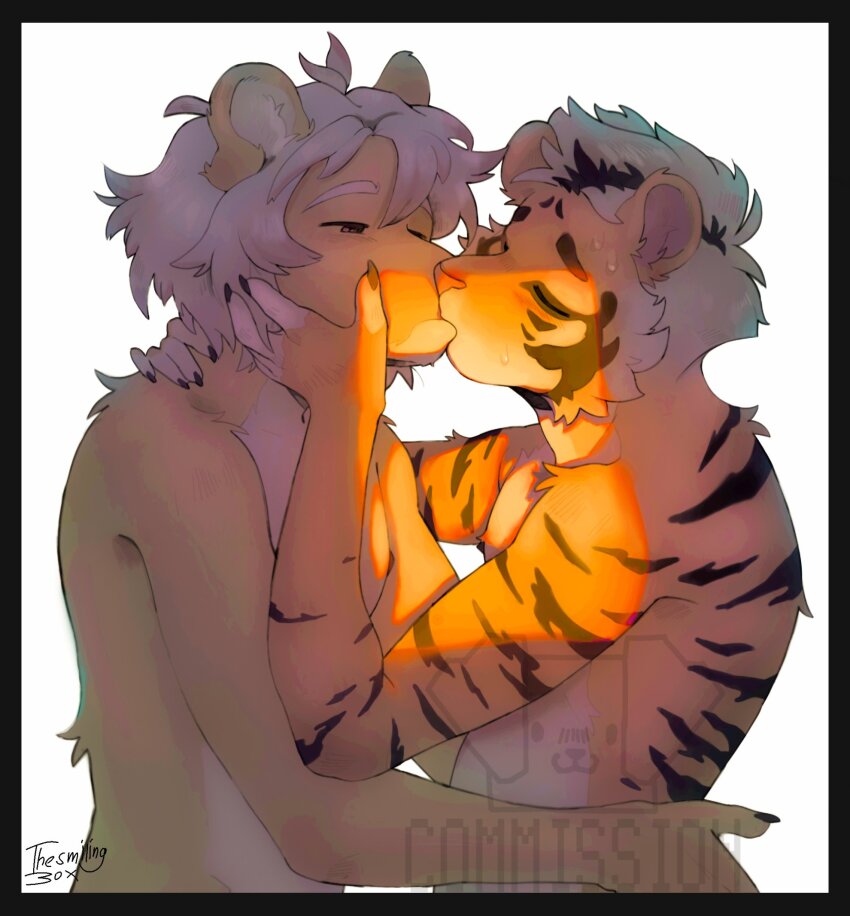 2boys animal_ears artist_name arvo_(dawn_chorus) blush claws closed_eyes commentary commission dawn_chorus english_commentary facing_another french_kiss furry furry_male half-closed_eyes hand_on_another&#039;s_cheek hand_on_another&#039;s_face highres kiss lake_(dawn_chorus) lion_boy lion_ears looking_at_another male_focus multiple_boys sweat thesmilingbox1 tiger_boy tiger_ears tiger_stripes watermark yaoi