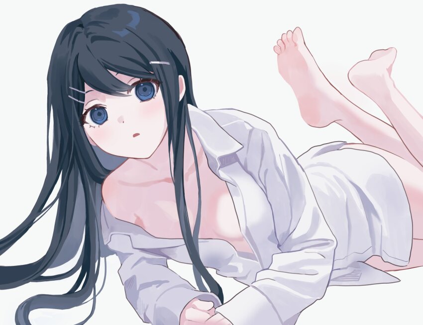 1girl :o barefoot black_hair blue_eyes bottomless breasts danganronpa:_trigger_happy_havoc danganronpa_(series) feet_up highres long_hair long_sleeves lying maizono_sayaka nekor0id on_stomach shirt simple_background small_breasts solo white_background white_shirt