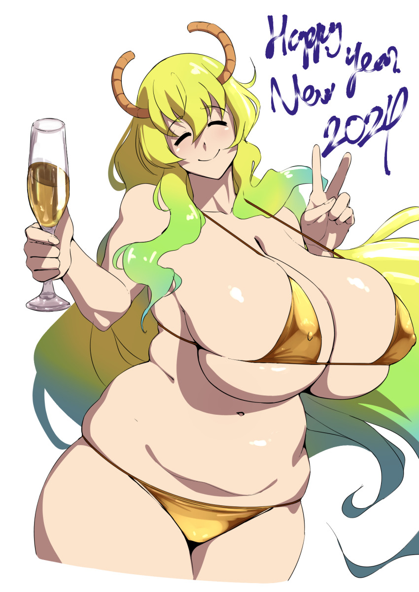 1girl 2024 bare_shoulders bikini blonde_hair breasts champagne_flute closed_eyes closed_mouth collarbone covered_erect_nipples cowboy_shot cup curvy dragon_horns drinking_glass gradient_hair green_hair hair_between_eyes happy_new_year highres horns huge_breasts kobayashi-san_chi_no_maidragon lucoa_(maidragon) multicolored_hair navel new_year plump shiny_skin simple_background skindentation smile solo standing stomach suphesol swimsuit two-tone_hair v white_background yellow_bikini