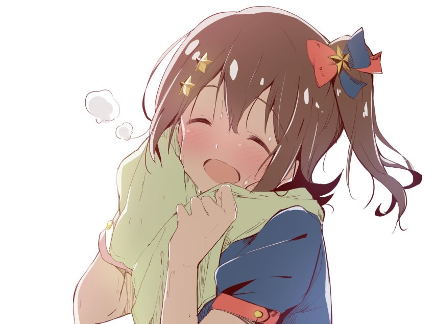 1girl ^_^ blue_ribbon blue_shirt blush bow brown_hair closed_eyes dot_nose exhausted hair_between_eyes hair_bow hair_ornament hair_ribbon hands_up heavy_breathing holding holding_towel idolmaster idolmaster_million_live! idolmaster_million_live!_theater_days kasuga_mirai one_side_up open_mouth pink_wrist_cuffs red_ribbon ribbon royal_starlet_(idolmaster) sekine_hajime shirt short_hair short_sleeves simple_background single_wrist_cuff smile solo star_(symbol) star_hair_ornament sweat towel two-tone_ribbon upper_body white_background wrist_cuffs