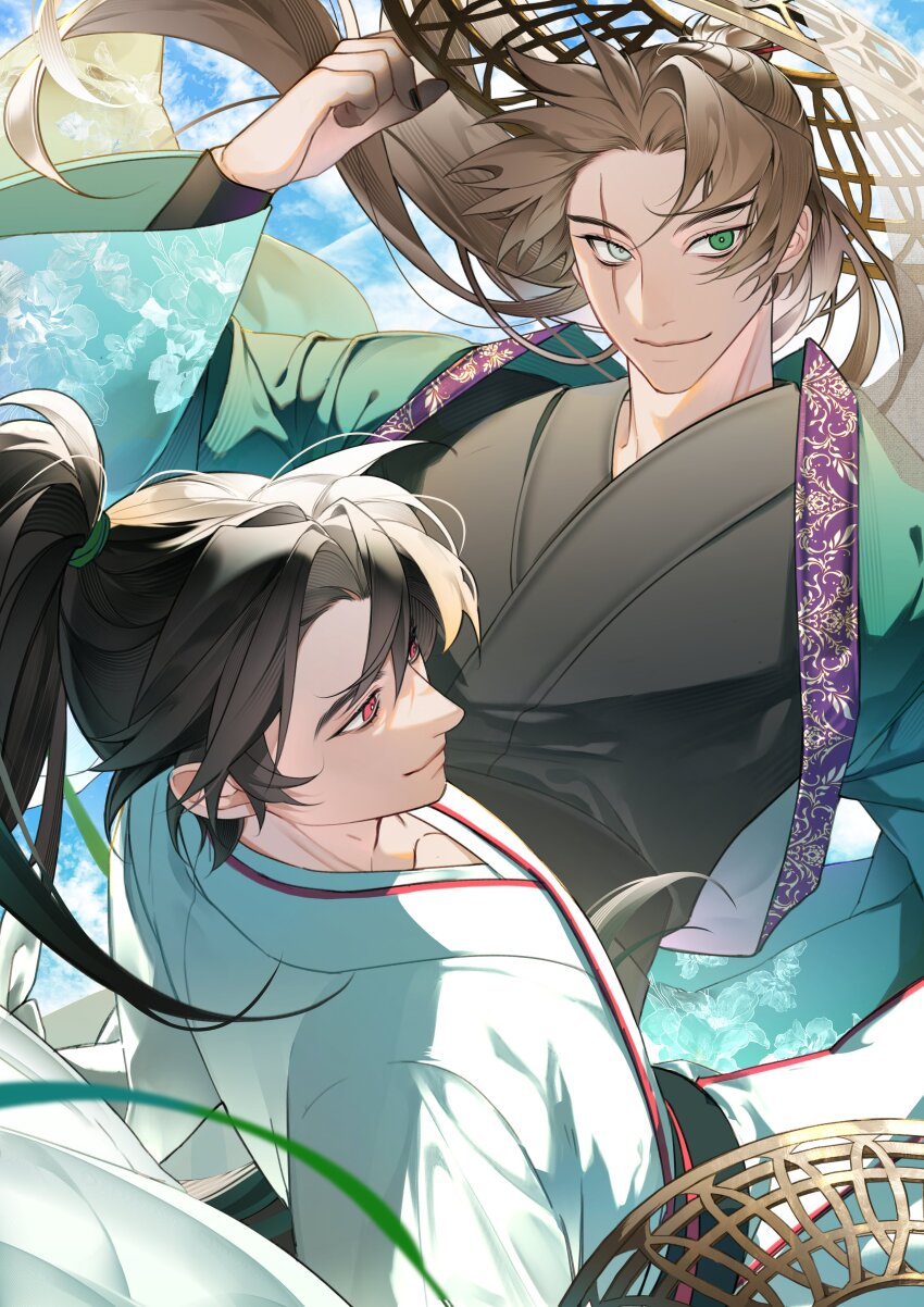 2boys absurdres black_hair blue_sky brown_hair brown_hat chinese_clothes chungmyung closed_mouth day green_eyes green_ribbon green_robe hair_bun hair_ribbon hand_on_headwear hanfu hat heterochromia high_ponytail highres korean_commentary long_hair long_sleeves looking_ahead looking_at_viewer male_focus multiple_boys pink_eyes return_of_the_mount_hua_sect ribbon robe sangin sash scar scar_across_eye sky smile tang_bo_(return_of_the_mount_hua_sect) veil weimao white_hanfu white_veil wide_sleeves