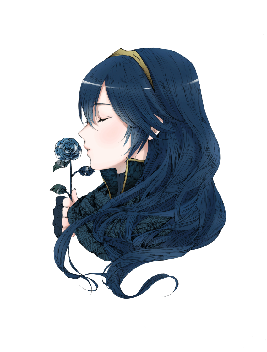 1girl absurdres ballpoint_pen_(medium) blue_flower blue_gloves blue_hair blue_rose blue_sweater brown_hairband closed_eyes cropped_torso fingerless_gloves fire_emblem fire_emblem_awakening flower gloves hair_between_eyes hairband highres holding holding_flower long_hair lucina_(fire_emblem) nintendo roroichi rose simple_background solo sweater traditional_media turtleneck turtleneck_sweater upper_body white_background