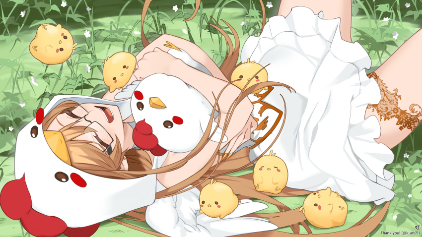 1girl animal animal_hood arin_chickinn bare_arms bird blush_stickers bridal_garter brown_hair chick chicken chicken_hood closed_eyes commission dress earrings grass highres holding holding_animal holding_bird hood indie_virtual_youtuber jewelry k_(art71) long_hair lying on_back open_mouth semi-rimless_eyewear skeb_commission solo thank_you twitter_username virtual_youtuber white_dress white_wings wings