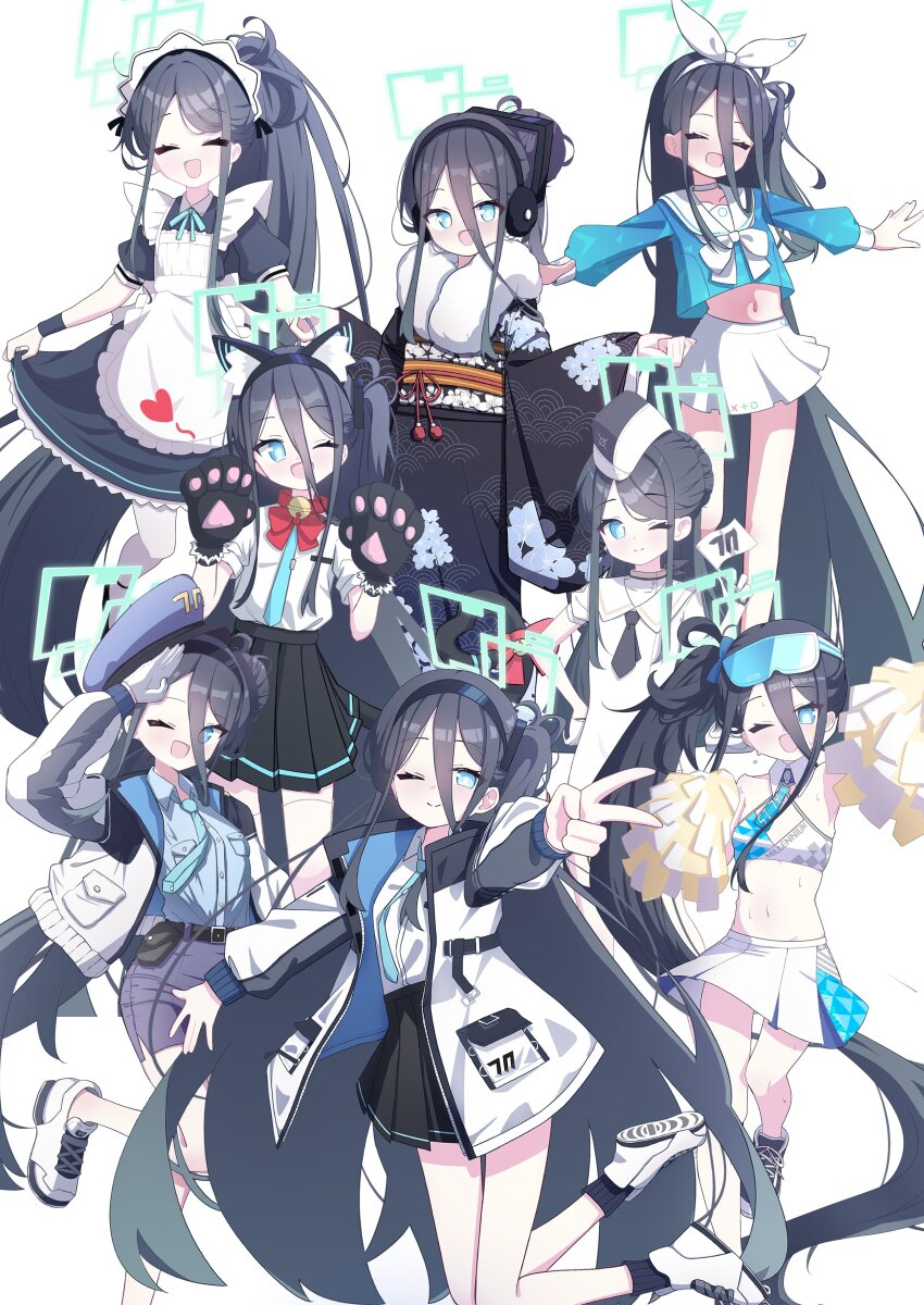 1girl 525_woiwo ^_^ absurdres apron aqua_halo aris_(blue_archive) aris_(maid)_(blue_archive) arona_(blue_archive) arona_(blue_archive)_(cosplay) black_dress black_hair black_kimono black_skirt blue_archive blue_eyes blue_headwear blue_necktie blue_shirt blue_skirt blush bow bowtie choker closed_eyes collared_shirt commentary_request cosplay cropped_shirt double-parted_bangs dress floating floral_print floral_print_kimono frilled_apron frilled_dress frills fur-trimmed_kimono fur_trim gloves goggles goggles_on_head green_halo hair_between_eyes hair_bun halo hands_up highres holding holding_pom_poms jacket japanese_clothes kimono leg_up long_bangs long_hair long_hair_between_eyes long_sleeves looking_at_viewer maid_apron maid_headdress midriff millennium_cheerleader_outfit_(blue_archive) miniskirt necktie one_eye_closed one_side_up open_clothes open_jacket open_mouth outstretched_arms pencil_skirt police police_uniform pom_pom_(cheerleading) pom_poms puffy_long_sleeves puffy_sleeves sailor_collar salute sash school_uniform serafuku shirt shirt_tucked_in single_hair_bun skirt skirt_hold smile stomach v very_long_hair white_apron white_bow white_bowtie white_choker white_dress white_footwear white_gloves white_headdress white_headwear white_jacket white_sailor_collar white_shirt white_skirt yellow_sash