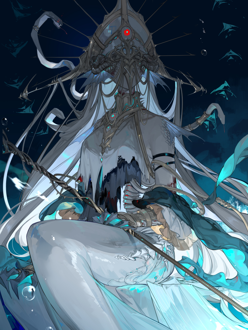 1girl absurdres arknights dark_background dongsheng fins fish head_fins helmet highres long_hair mermaid monster_girl sitting skadi_(arknights) skadi_the_corrupting_heart_(arknights) solo staff torn_clothes very_long_hair white_hair