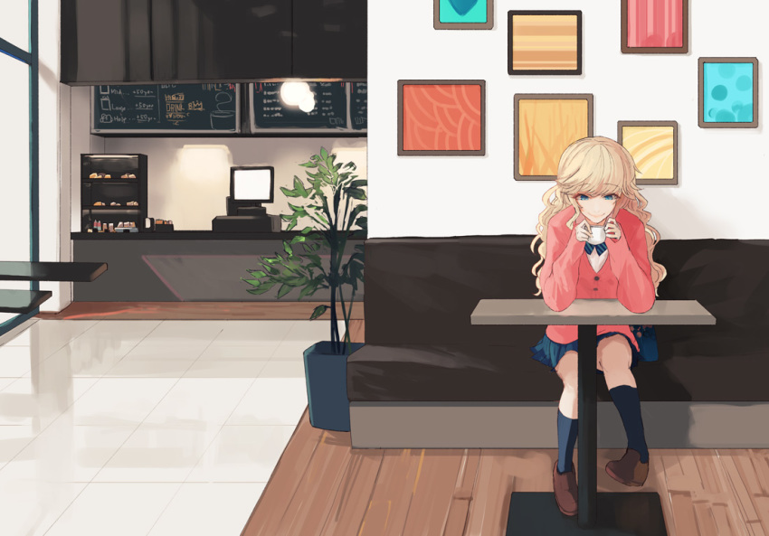 1girl ahoge black_socks blonde_hair blue_eyes blue_skirt brown_footwear commentary_request cup full_body holding holding_cup idolmaster idolmaster_cinderella_girls indoors jacket kneehighs long_hair long_sleeves looking_at_cup ohtsuki_yui photo_(object) pink_jacket plant sawarakajin shirt shop sitting skirt socks solo table tiles white_shirt wide_shot