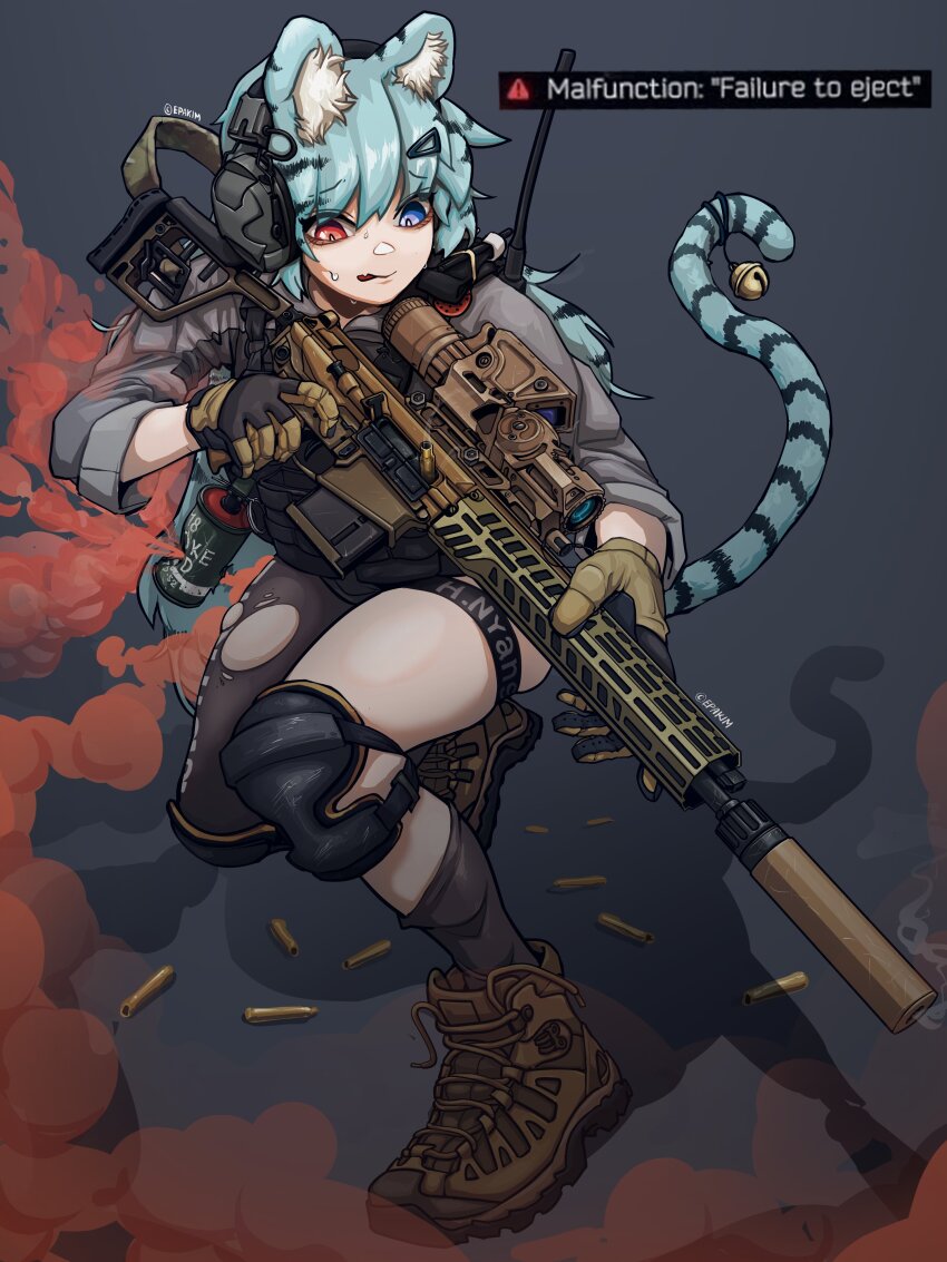 ! 1girl absurdres animal_ears bell blue_eyes blue_hair boots bulletproof_vest cat_ears cat_girl cat_tail english_text epakim fang gloves gun gun_malfunction headset heterochromia highres jingle_bell knee_pads original radio red_eyes rifle shell_casing sig_mcx sleeves_rolled_up smoke smoke_grenade solo suppressor tail thighhighs trigger_discipline weapon